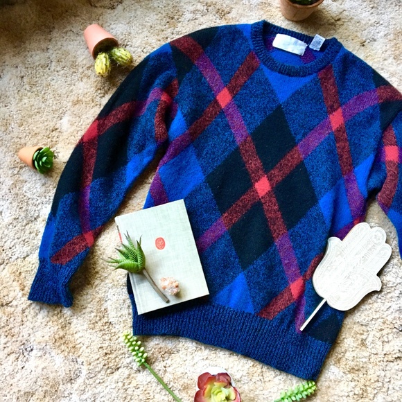 {Vintage} 100% Shetland Wool Plaid Grandpa Sweater - Picture 4 of 8